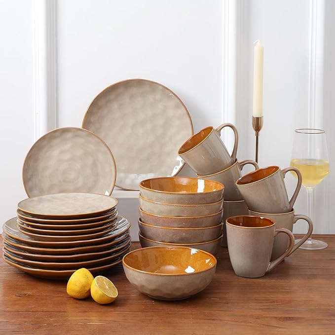 vicrays Ceramic Salad Bowls Set for Kitchen, Serving - 32 Ounce Soup Bowls, Pasta Bowls, Chip Resistant, Dishwasher Microwave Safe, Large, Fluted, stoneware, Set of 6 (Beige)