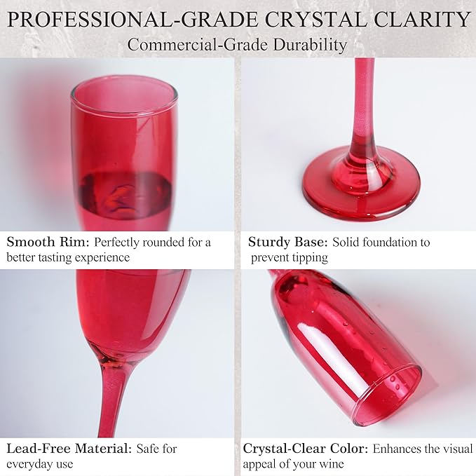 Champagne Flutes Glasses Set of 6-6oz Elegant Red Glass, Unique Red Colored Long Stem Champagne Flute Gift for Wedding, Anniversaries, Parties, Birthday, Restaurant, Home Bar