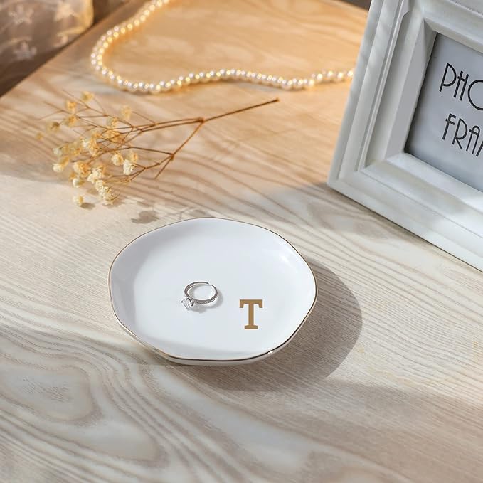 Initials Ring Dish Jewery Tray with Personalized T-Monogrammed Gifts Wedding Engagement for Women Friends Sister Teacher,Ceramic White