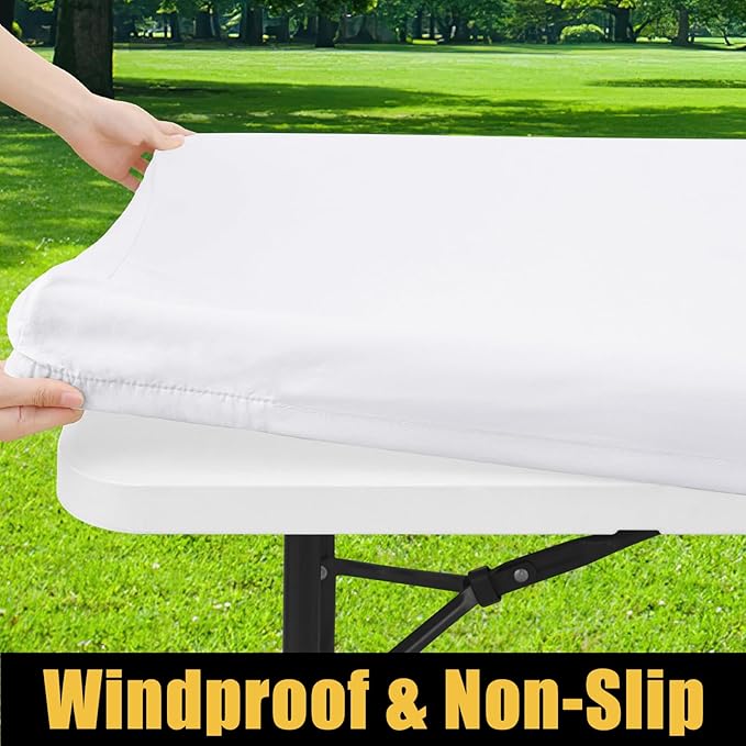 Smiry Rectangle Picnic Table Cloth, Waterproof Elastic Fitted Tablecloths for 8 Foot Tables, Washable Polyester Table Cover for Camping, Indoor and Outdoor (White, 30"x96")