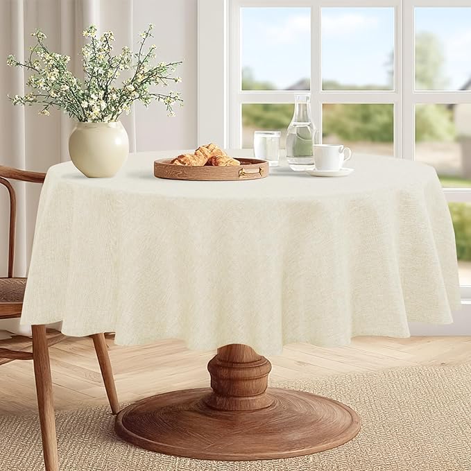 JIUZHEN Round Textured Table Cloth Linen Wrinkle Free Stain Resistant Farmhouse Decorative Circular Tablecloth for Kitchen, Dining, Party, Wedding, Outdoor Use (50 Inch Round,Champagne)