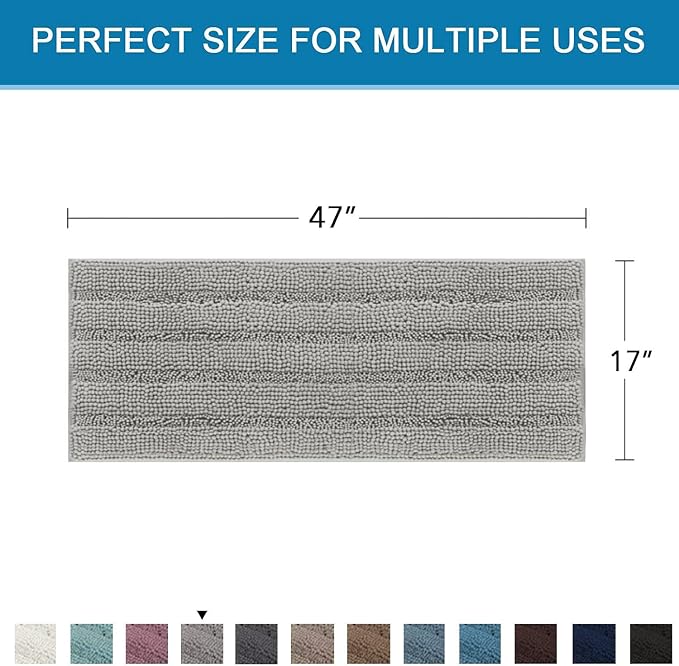 H.VERSAILTEX Bath Rugs for Bathroom Non Slip Bath Mats Extra Thick Chenille Striped Bath Rug Runners 47" x 17" Absorbent Fluffy Soft Shaggy Mats Dry Fast Plush Area Carpet for Bath Room - Dove