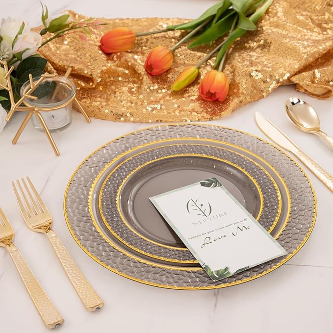 Nervure 150PCS Clear Black Plastic Plates - Gold Party Plates - Black and Gold Dinnerware Set Include: 50 Plate, 25Cups, 25Forks, 25Knives, 25Spoons for New Year & Party & Halloween