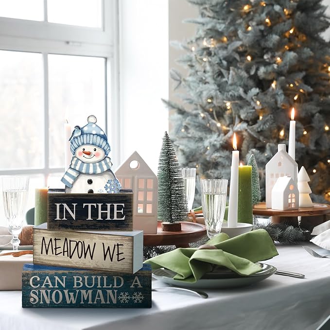 4 Pcs Winter Table Decoration Blue Snowman Decor Winter Tiered Tray Decor Christmas Centerpiece Decorative Wooden Snowman Block Sign Decoration for Home Kitchen