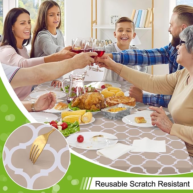 Smiry Rectangle Table Cloth, Waterproof Vinyl Tablecloths with Flannel Backing for Rectangle Tables, Wipeable Spillproof Plastic Tablecloth for Dining, Camping, Indoor and Outdoor (54"x108", Khaki)