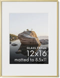 HAUS AND HUES 12x16 Picture Frame with Real Glass & Gold Premium-Grade Metal Matted to 8.5x11 - Aluminum 12x16 Frame - Includes Hanging Kit - Ideal for Home, Office (12x16 in, Gold)