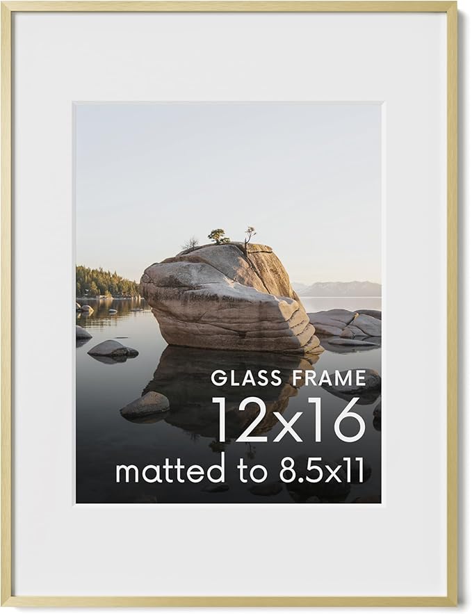 HAUS AND HUES 12x16 Picture Frame with Real Glass & Gold Premium-Grade Metal Matted to 8.5x11 - Aluminum 12x16 Frame - Includes Hanging Kit - Ideal for Home, Office (12x16 in, Gold)