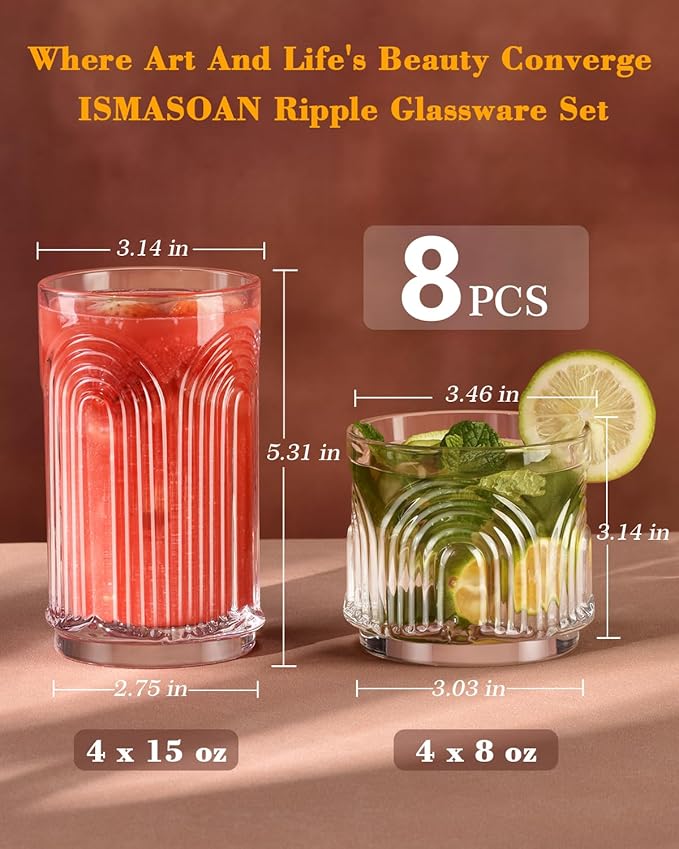 Arch Design Drinking Glasses Set of 8, Highball Glasses 15 oz and 8 oz, Ribbed Glass Cups, Cups for Kitchen, Vintage Glassware for Whiskey, Beer, Cocktail, Juice, Water