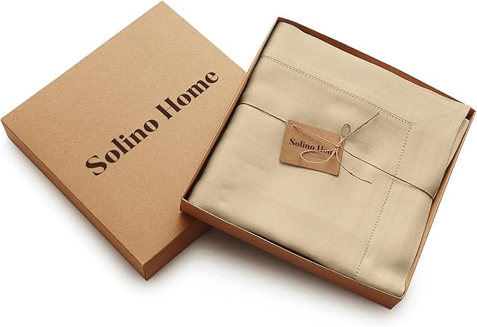Solino Home Beige Linen Tablecloth 60 x 120 Inch - Classic Hemstitch, 100% Pure Linen Rectangular Tablecloth - Machine Washable Table Cloth for Spring, Easter