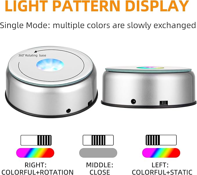 EUSTUMA Rotating LED Display Base Colorful Light Crystal Display Base Stand,Lighted Up Stand Color Changing Small LED for 3D Glass Crystal Art,Holiday Party Decoration. (A-Silver-Multicolor)