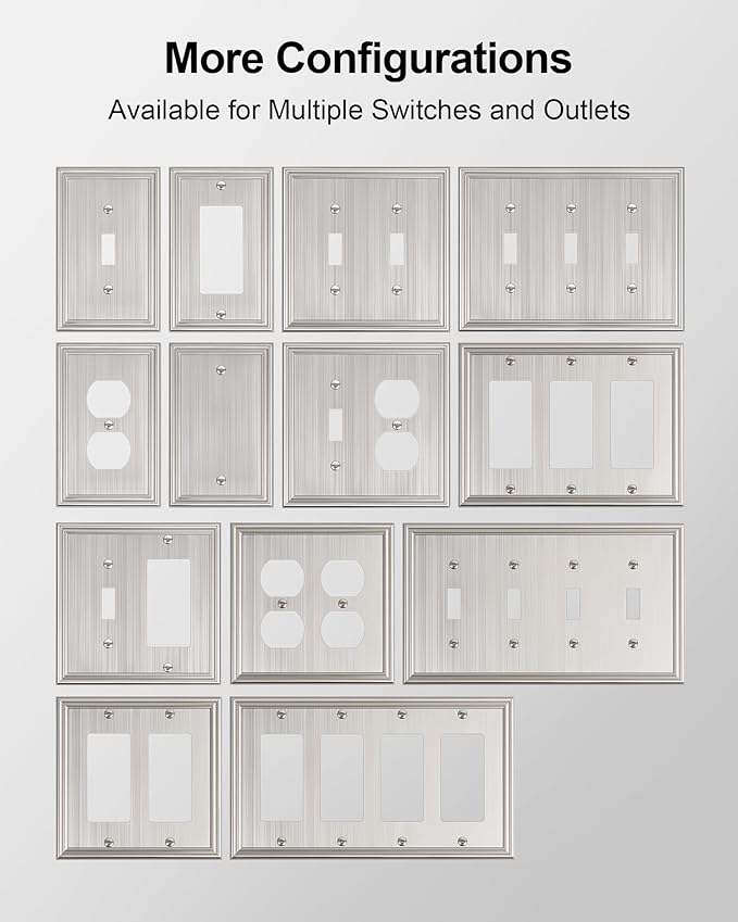 2-Pack Single Duplex Outlet Cover Plate, Decorative Brushed Nickel Switch Plates and Outlet Covers, Metal Wall Plates for Electrical Outlets, 1 Gang Receptacle Cover, Corrosion Resistant