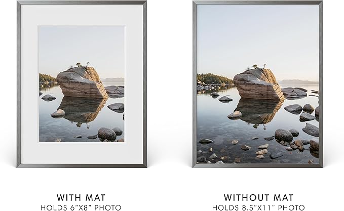 HAUS AND HUES 8.5x11 Picture Frame with Real Glass & Gray Premium-Grade Metal Matted to 6x8 - Aluminum 8.5 by 11 picture frame - Includes Hanging Kit - Ideal for Home, Office (8.5x11 in, Gray)