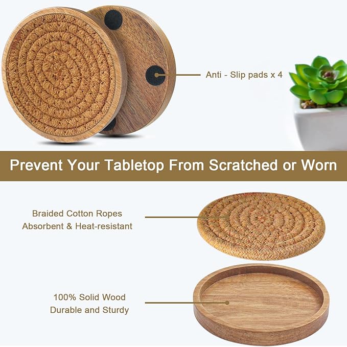 6 Pack Coasters for Drinks Absorbent, 4.3 inches Cork Coasters for Coffee Tables, Wooden Drink Coasters for Table Protection, Cute Coasters for Kitchen, Farmhouse, Bar, and Office (Dark Brown)