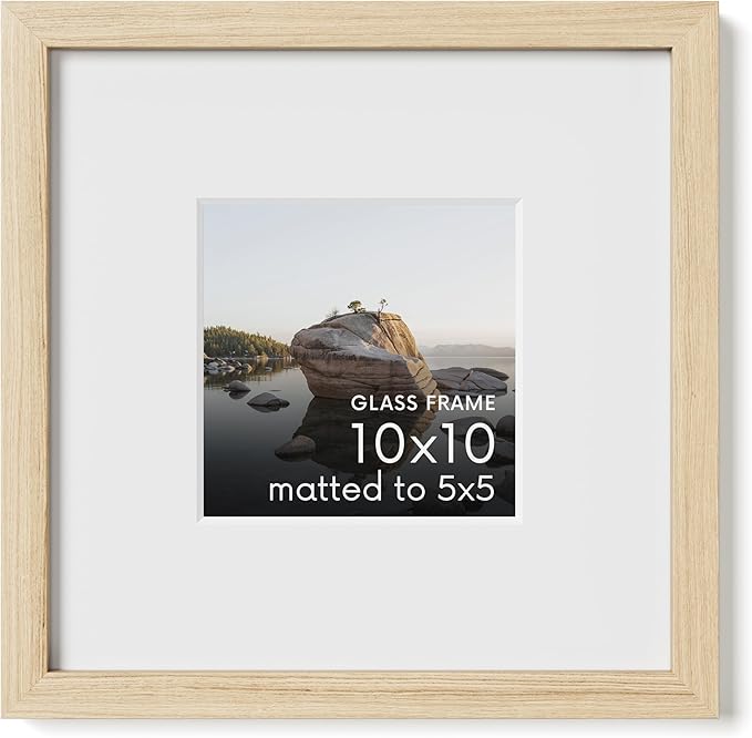 HAUS AND HUES 10x10 Picture Frame with Real Glass and Natural American Oak Matted to 5x5 - Oak 10x10 Frame With Mat - Includes Vertical & Horizontal Hang - Ideal for Home, Office (10x10 in, Natural)