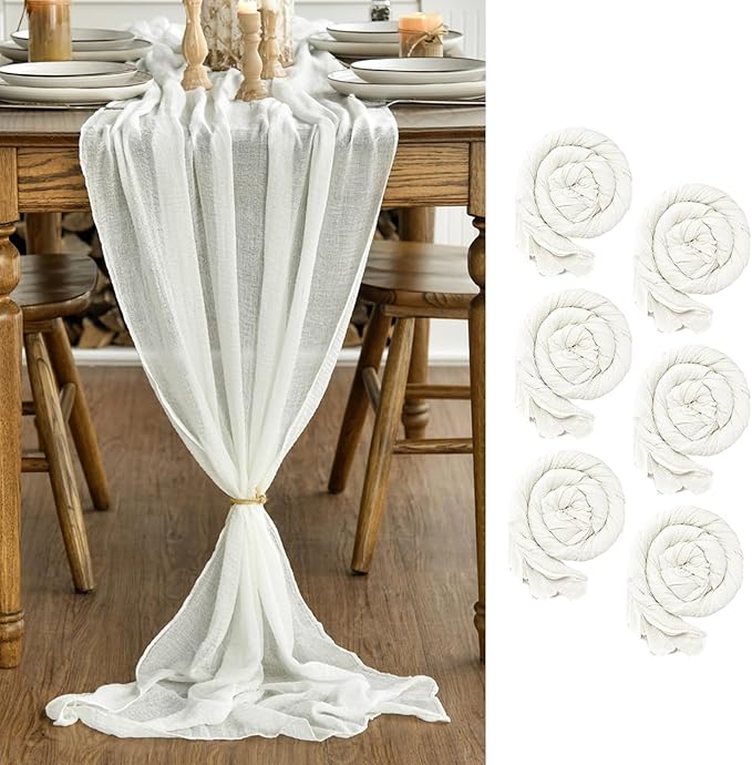 Artoid Mode Boho Milk White Gauze 6 Pieces Wedding Table Runner, 120 Inch Birthday Fabric Kitchen Dining Holiday Table Decor for Home Party Indoor