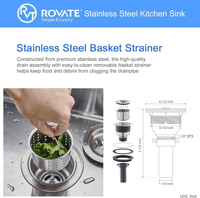 ROVATE 26 ×18 inches Drop-in Kitchen Sink Single Bowl 304 Stainless Steel, Handmade 9 Inches Deep Topmount Kitchen Sink with 1 Hole