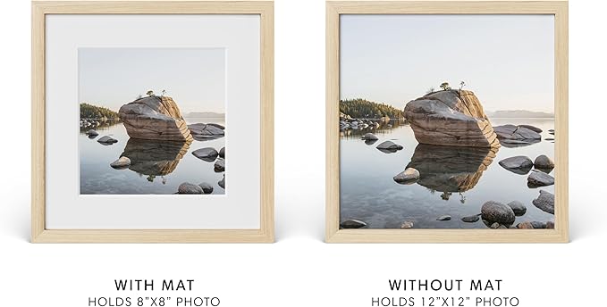HAUS AND HUES 12x12 Picture Frame with Real Glass and Natural American Oak Matted to 8x8 - Oak 12x12 Frame With Mat - Includes Vertical & Horizontal Hang - Ideal for Home, Office (12x12 in, Natural)