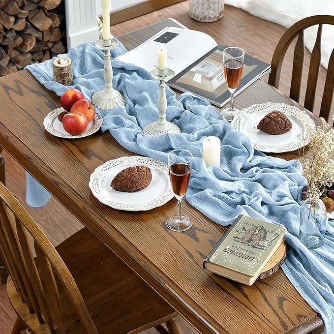 Artoid Mode Boho Ice Blue Gauze 3 Pieces Wedding Table Runner, 120 Inch Seasonal Fabric Kitchen Dining Holiday Table Decor for Home Party Indoor