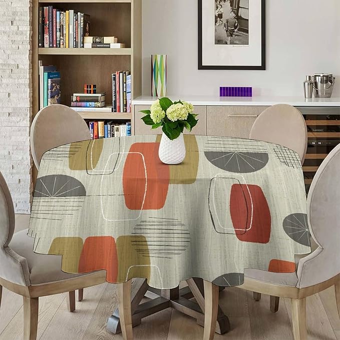 Retro Medieval Bohemian Round Tablecloth, Modern Mid Century Geometric Abstract Print Tablecloth for Home Party Dining Room Kitchen Decor 70Inch(178cm)
