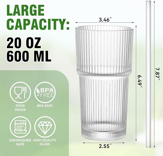 20 Oz Glass Cups and Straw 6 Set, Glass Tumbler with Straw, Vintage Glassware for Whiskey Cocktail Beer, Iced Coffee Cups (6 PACK)