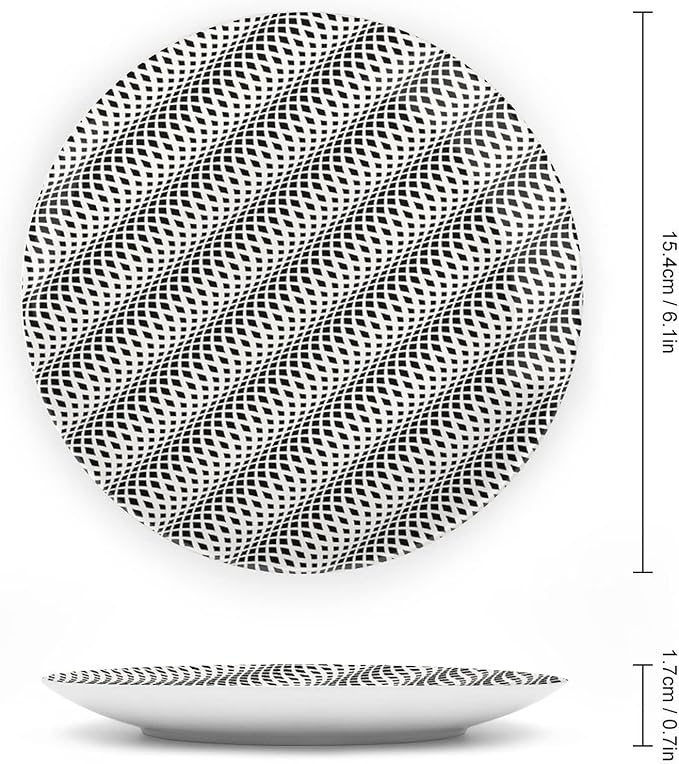 Decorative Plates, Abstract Print Ornament, Wavy Rhombus Abstract Modern Monochrome Decor, 10 Inch, 1 Plate with 1 Display Stand, Black White