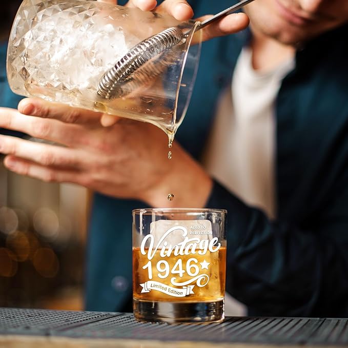Old Fashioned Glasses-1946-Vintage 1946 old time information 10.25oz Whiskey Rocks Glass -80th Birthday Aged to Perfection - 80 years old gifts Bourbon Scotch Lowball Old Fashioned-1PACK