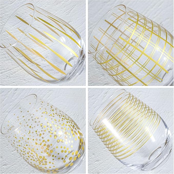 Set of 4 Crystal Stemless Wine Glasses with Etched Dots and Stripes Pattern, 17.5oz Elegant Glassware for Red Wine, Perfect for Weddings, Anniversaries, and Parties (Gold)