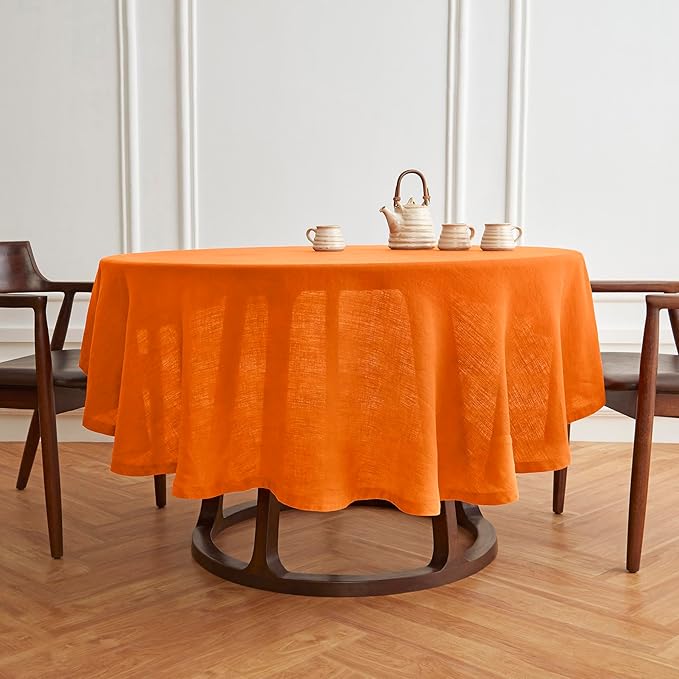 Solino Home Linen Round Tablecloth 70 Inch - 100% Pure Linen Pumpkin Round Tablecloth - Machine Washable Table Cloth - Sonoma