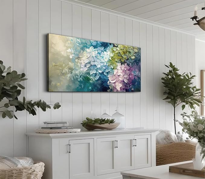 ADJUVANT Wall Art Impressionist Colorful Hydrangea 40" L x 20" W, Vibrant Hydrangea Blooms Canvas Painting Lush Petals Artwork Prints Floral Wall Decor for Living Room Bedroom Dining Room Home Office