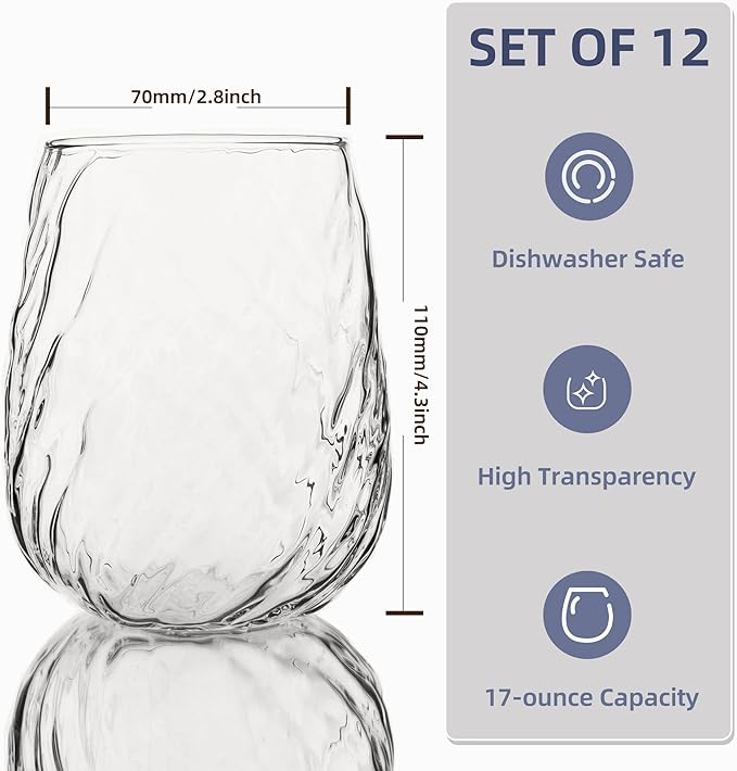 Stemless Wine Glasses Set of 12, 17Oz Red/White Wine Glasses with No Stem, Chiseled Textured Glassware Set for Daily Use, Home Bar, Birthdays, Housewarming Gift, Dishwasher Safe