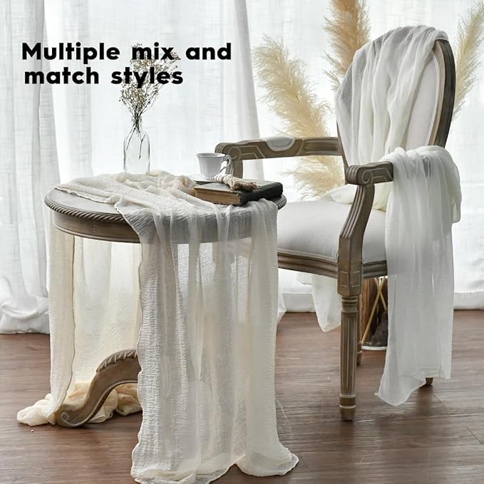 Artoid Mode Boho Milk White Gauze 6 Pieces Wedding Table Runner, 120 Inch Birthday Fabric Kitchen Dining Holiday Table Decor for Home Party Indoor