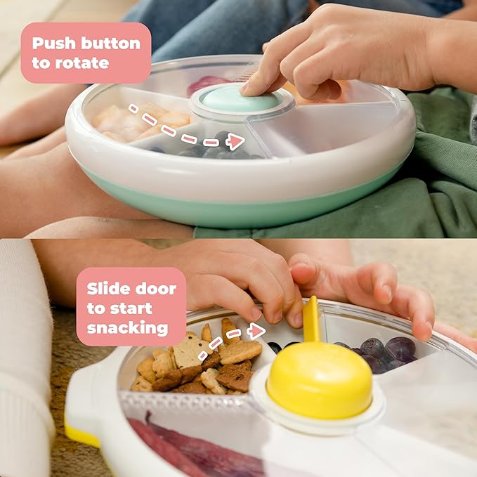 GoBe Kids Large Snack Spinner Slide Bundle with Hand Strap and Sticker Sheet - Reusable Snack Container with 4 Compartment Dispenser and Lid | BPA/PVC Free | Dishwasher Safe | No Spill - Taro Purple