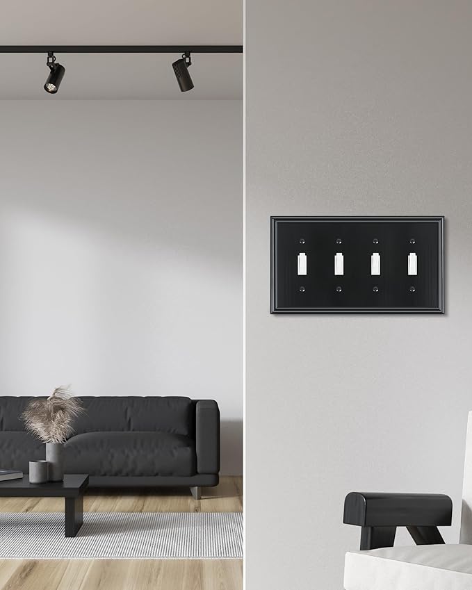 2-Pack Quad Toggle Light Switch Cover Plate, Durable Zinc Alloy Decorative Switch Plate Covers, Black 4 Gang Wall Plate for Toggle Light Switch and Rotary Dimmer Switch