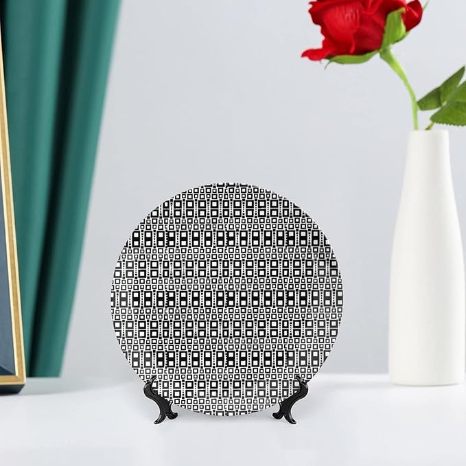 Decorative Plates, Abstract Print Ornament, Monochrome Squares of Motif Grid Design Geometric, 7 Inch, 1 Plate with 1 Display Stand, Black White