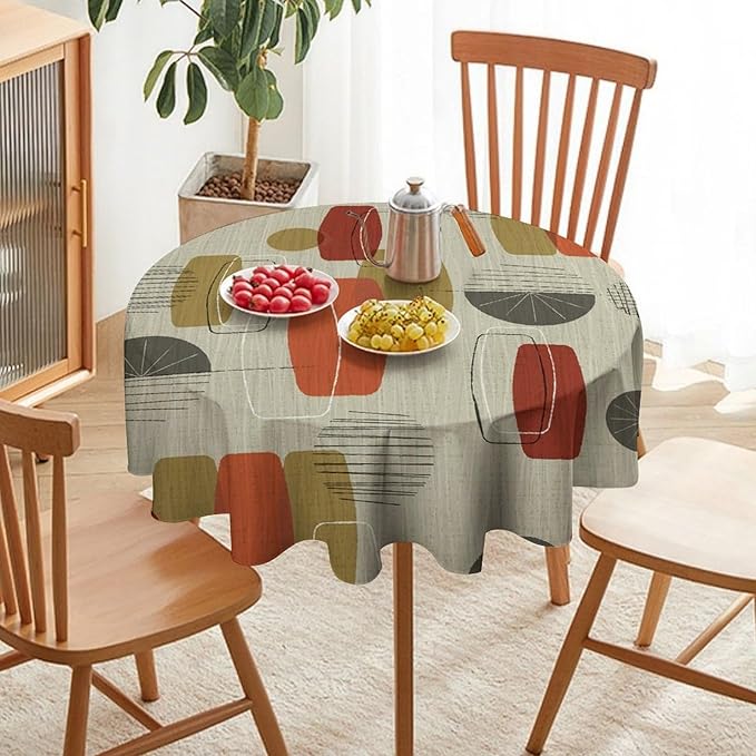 Retro Medieval Bohemian Round Tablecloth, Modern Mid Century Geometric Abstract Print Tablecloth for Home Party Dining Room Kitchen Decor 70Inch(178cm)