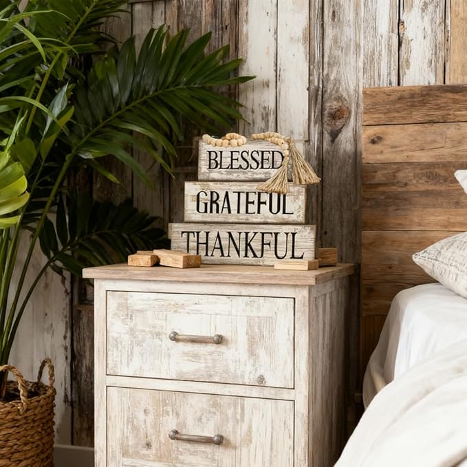4 Pcs Farmhouse Wooden Tabletop Decor Farmhouse Tiered Tray Decor Rustic Retro Wood Bead Garland Blessed Grateful Thankful Block Sign Neutral Centerpiece Sign for Home Office Shelf Mantle