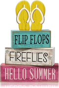 4 Pcs Summer Table Decorations Wooden Sign Flip Flops Table Centerpiece Summer Tiered Tray Decor Decorative Faux Book Stack Block for Coffee Fireplace Mantel Floating Shelf Hawaii