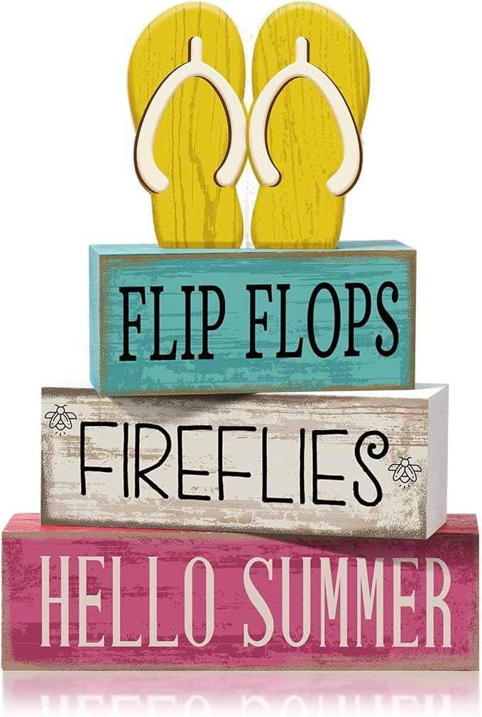 4 Pcs Summer Table Decorations Wooden Sign Flip Flops Table Centerpiece Summer Tiered Tray Decor Decorative Faux Book Stack Block for Coffee Fireplace Mantel Floating Shelf Hawaii