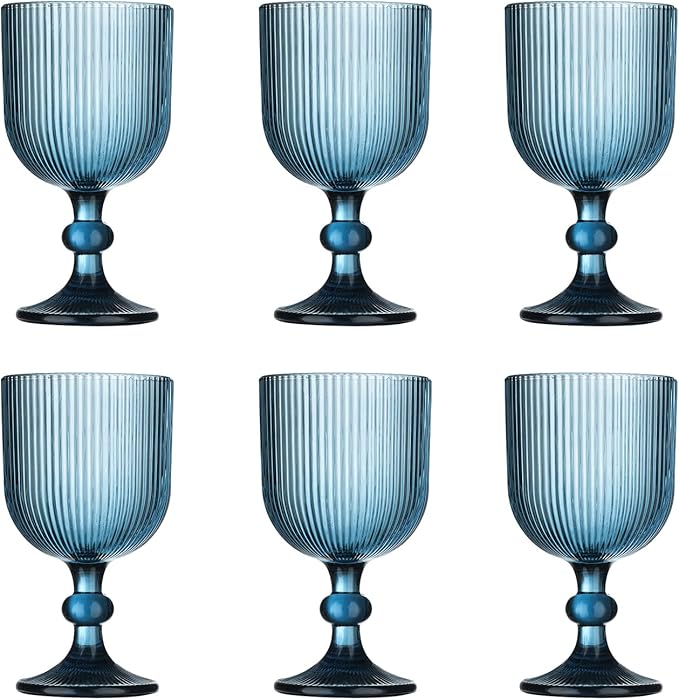 Blue Vintage Wine Glasses Set of 6, 11 Ounces Colored Glass Water Goblets, Unique Embossed Pattern High Clear Stemmed Glassware Wedding Party Bar Glass Drinking Cups Fancy Glasses Vertical Line