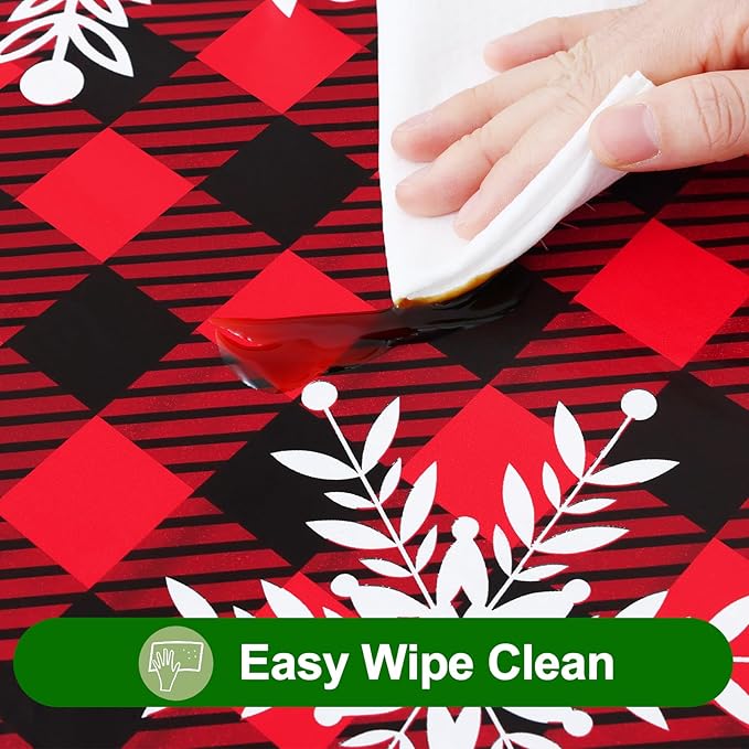 Smiry Christmas Rectangle Table Cloth, Waterproof Vinyl Tablecloth with Flannel Backing, Wipeable Bufflo Checked Snowflake Plastic Tablecloths for Christmas Table Decorations, (60"x120", Black & Red)