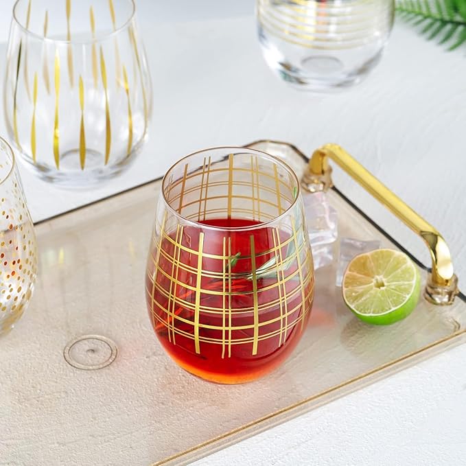 Set of 4 Crystal Stemless Wine Glasses with Etched Dots and Stripes Pattern, 17.5oz Elegant Glassware for Red Wine, Perfect for Weddings, Anniversaries, and Parties (Gold)