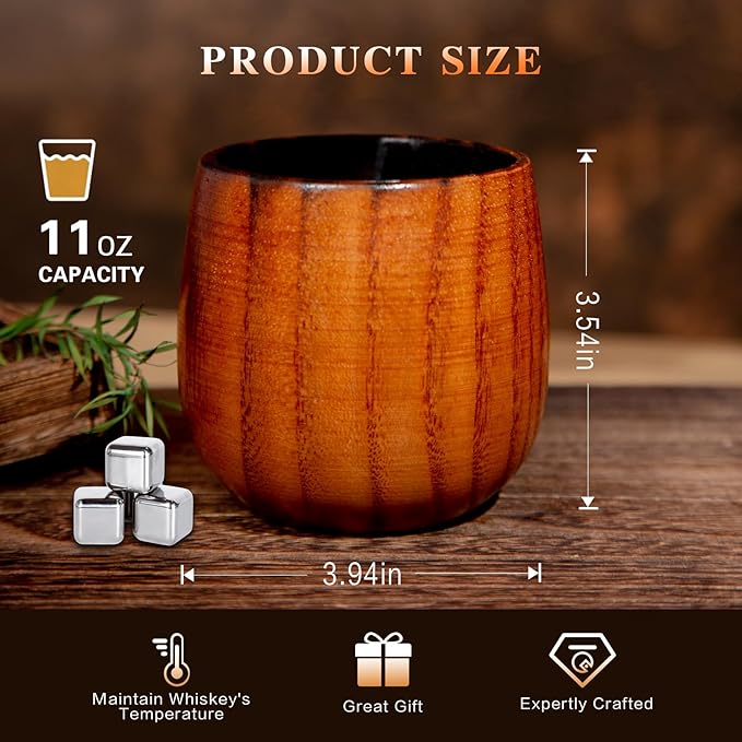 Charred Wooden Bourbon Drinking Glass 2 Pack, 11OZ Birthday Whiskey Glasses Gifts for Men, Dad, Wooden Old Fashioned Glass, Whiskey Tumbler