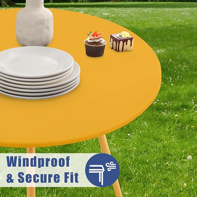 Round Spandex Tablecloth 2 Pack, Elastic Fitted Waterproof Tablecloths for 45"-56" Tables, Stretch Washable Picnic Table Cover for Camping, Dining, Indoor and Outdoor, Mustard Yellow