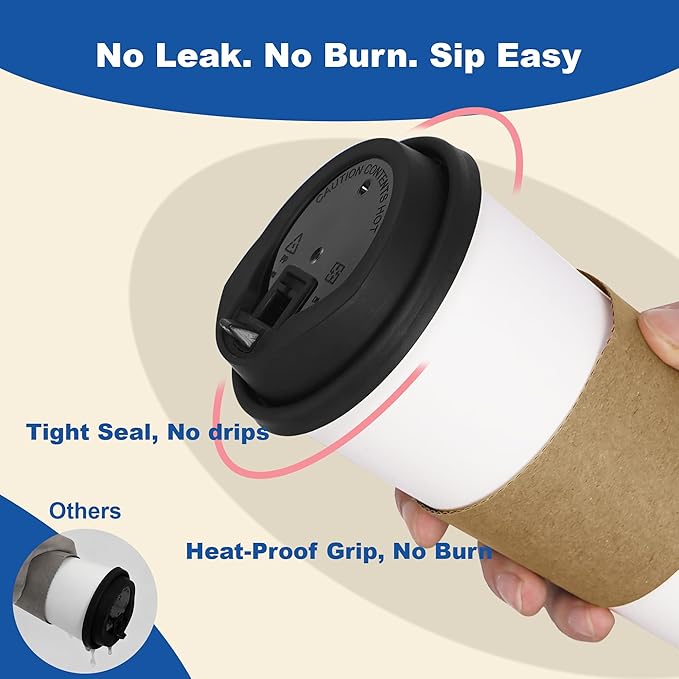 16 oz 100 Pack Coffee Cups with Lids and Sleeves, Straws, Hot Disposable To Go Travel Paper Cups Bulk for Office, Home Coffee Bar Accessories, Chocolate, Cocoa, Beverage (White)
