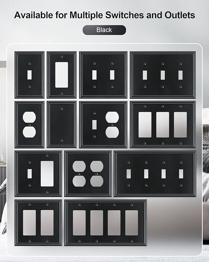 6-Pack Single Duplex Outlet Cover Plate, Decorative Black Switch Plates and Outlet Covers, Metal Wall Plates for Electrical Outlets, 1 Gang Receptacle Cover, Corrosion Resistant