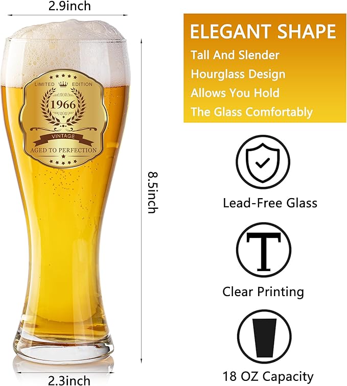 60th Birthday Beer Glasses Gifts, Personalized '1966' Vintage Glass Ware Set for Men, Black Gift Package with Drinking Glass, Coaster, and Card for 60 Years Old Man
