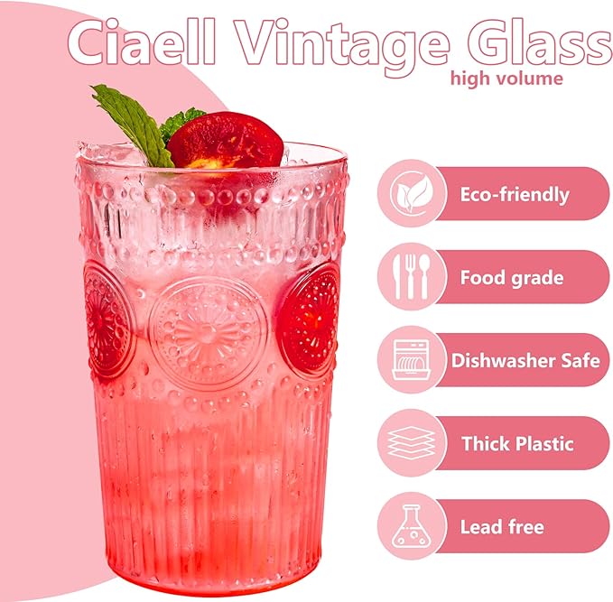 Ciaell 12 Pack Romantic Plastic Water Glasses - 14 Oz Pink Vintage Drinking Glasses, Embossed Ribbed Plastic Cups, Textured Striped Set for Juice, Beverages, Beer, Cocktail & Valentine's Day