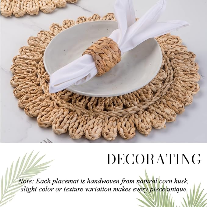 13.8" Set of 10 Round Corn Husk Placemats | Boho Woven Rattan Table Mats | Farmhouse Wicker Spring Plate Chargers Like Water Hyacinth, Seagrass for Wedding, Party, Christmas, Events