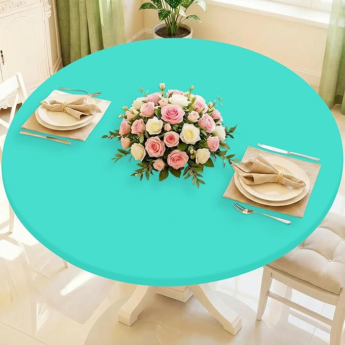 Round Spandex Tablecloth, Elastic Fitted Waterproof Tablecloths for 18"-24" Tables, Stretch Washable Picnic Table Cover for Camping, Dining, Indoor and Outdoor,Aqua Blue
