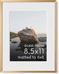 HAUS AND HUES 8.5x11 Brass Metal Picture Frame with Real Glass, Matted 6x8, Aluminum Wall Display with Hanging Kit for Home Office